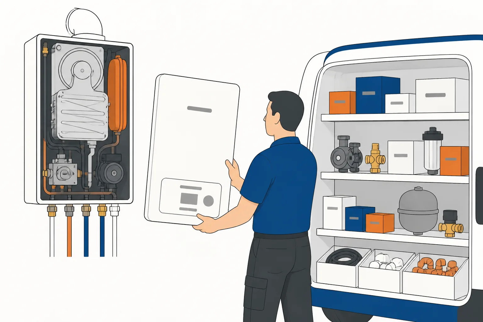 A combi boiler with its casing off showing heat exchanger and pump, beside a van shelf of plain spares boxes