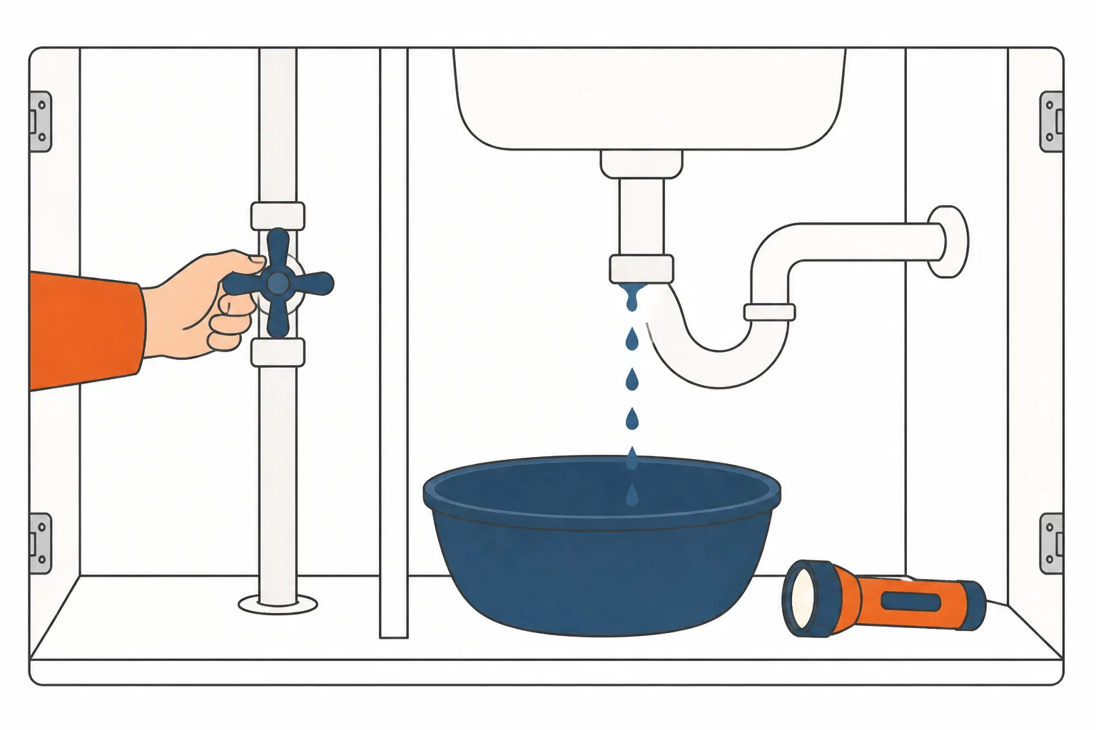 A hand turning a stopcock under a kitchen sink with a bowl catching drips from the joint above