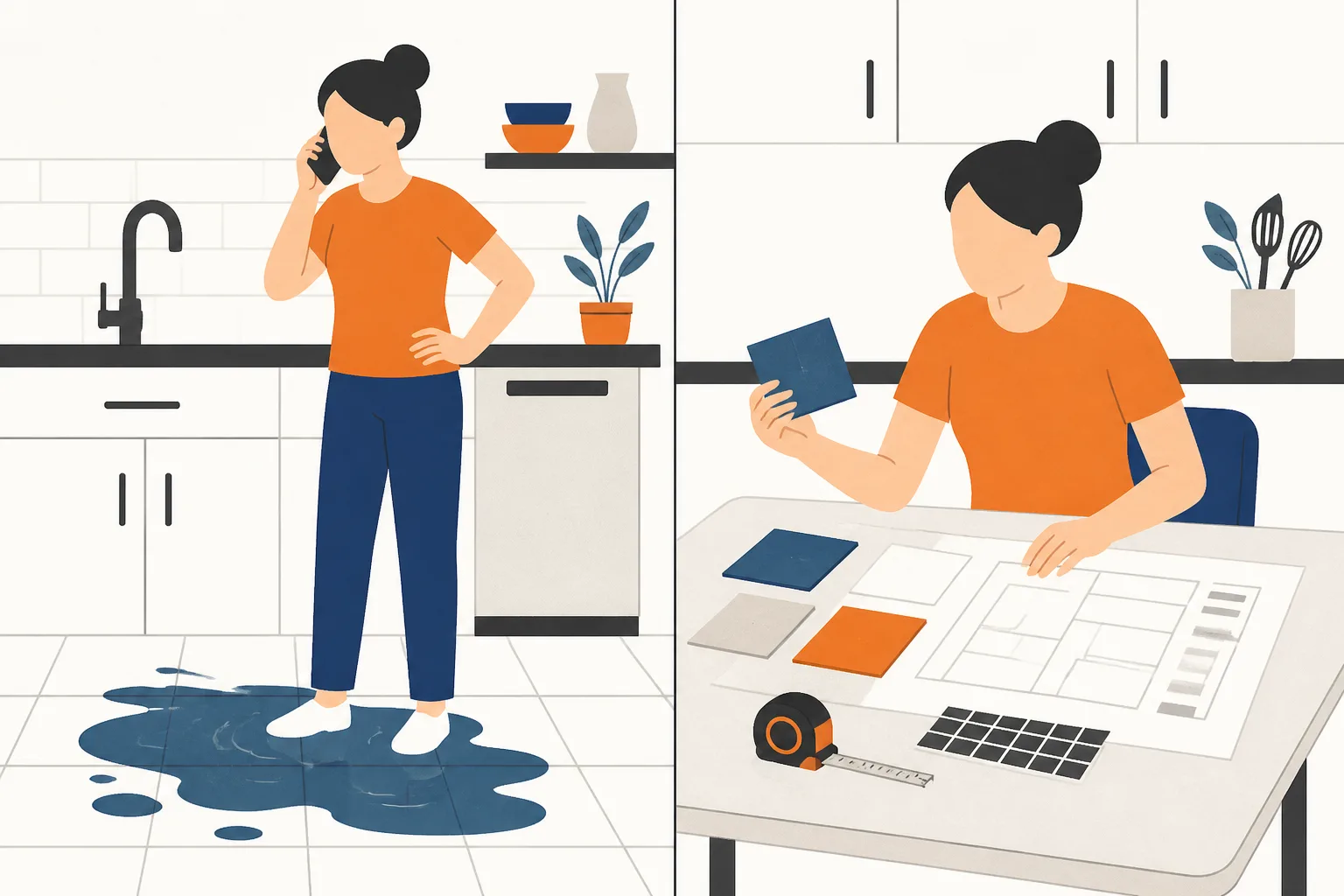 On the left a figure phoning from a flooded kitchen floor, on the right a figure comparing tile samples at a table