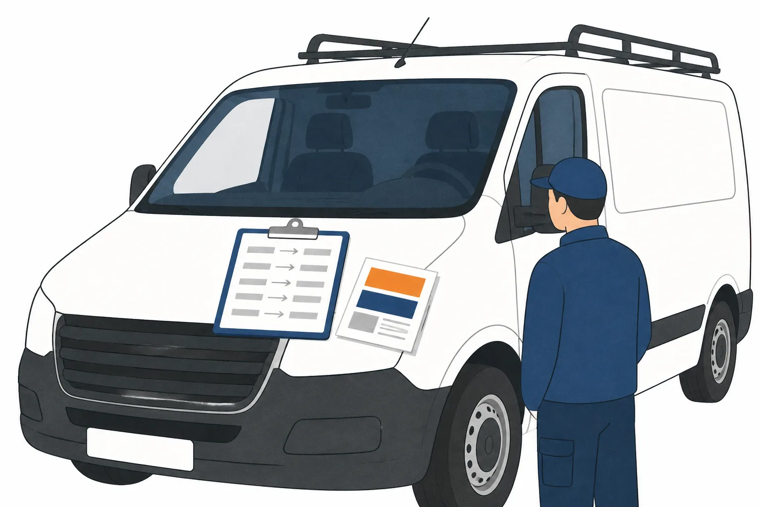 Clipboard on a van bonnet showing two columns of blank rows joined by curved arrows