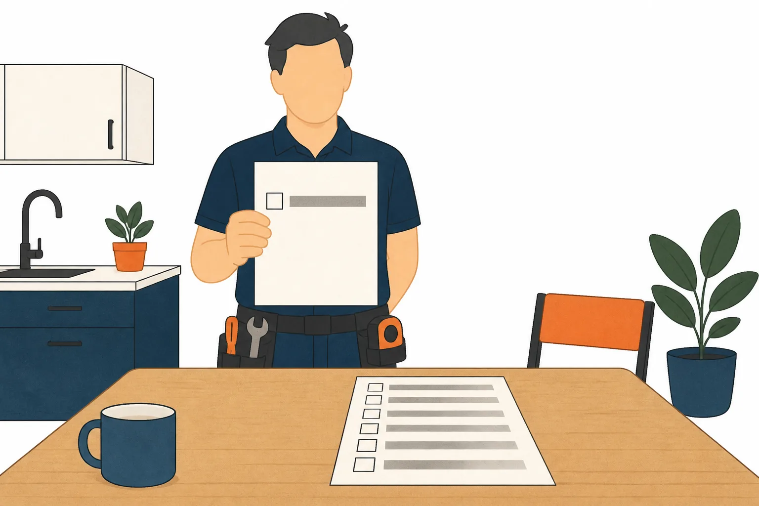 Person at a kitchen table comparing a one-line quote sheet with a seven-row itemised one