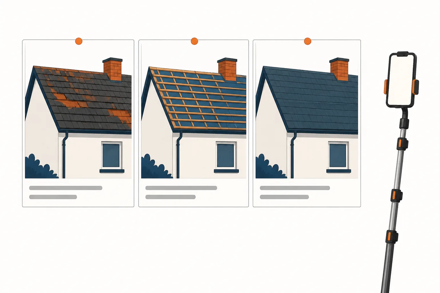 Three prints of one roof elevation from the same spot: damaged, battens exposed mid-job, then finished