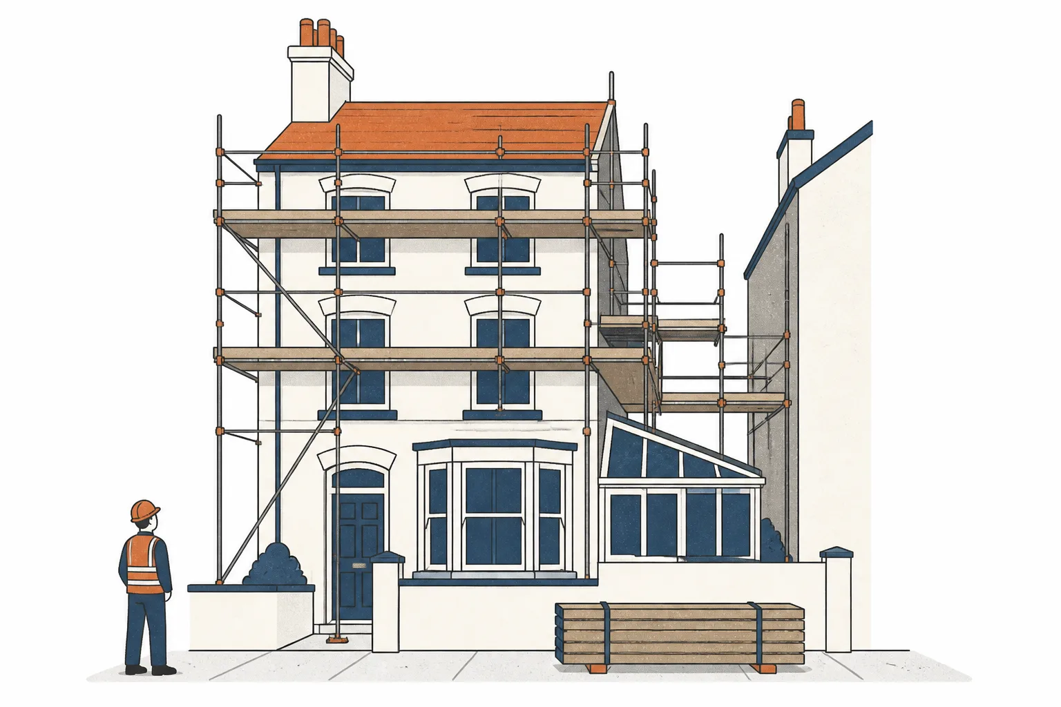 Scaffolding around a three-storey terrace, stepping around a conservatory in the side return