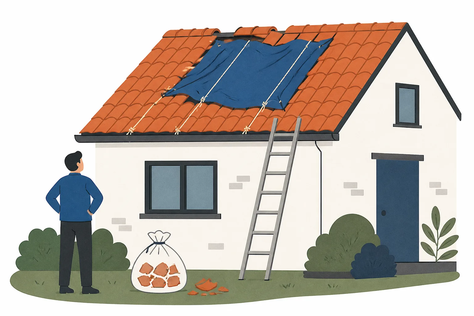 Slipped tiles near the ridge of a pitched roof with a tarpaulin roped over the gap and a ladder at the gutter
