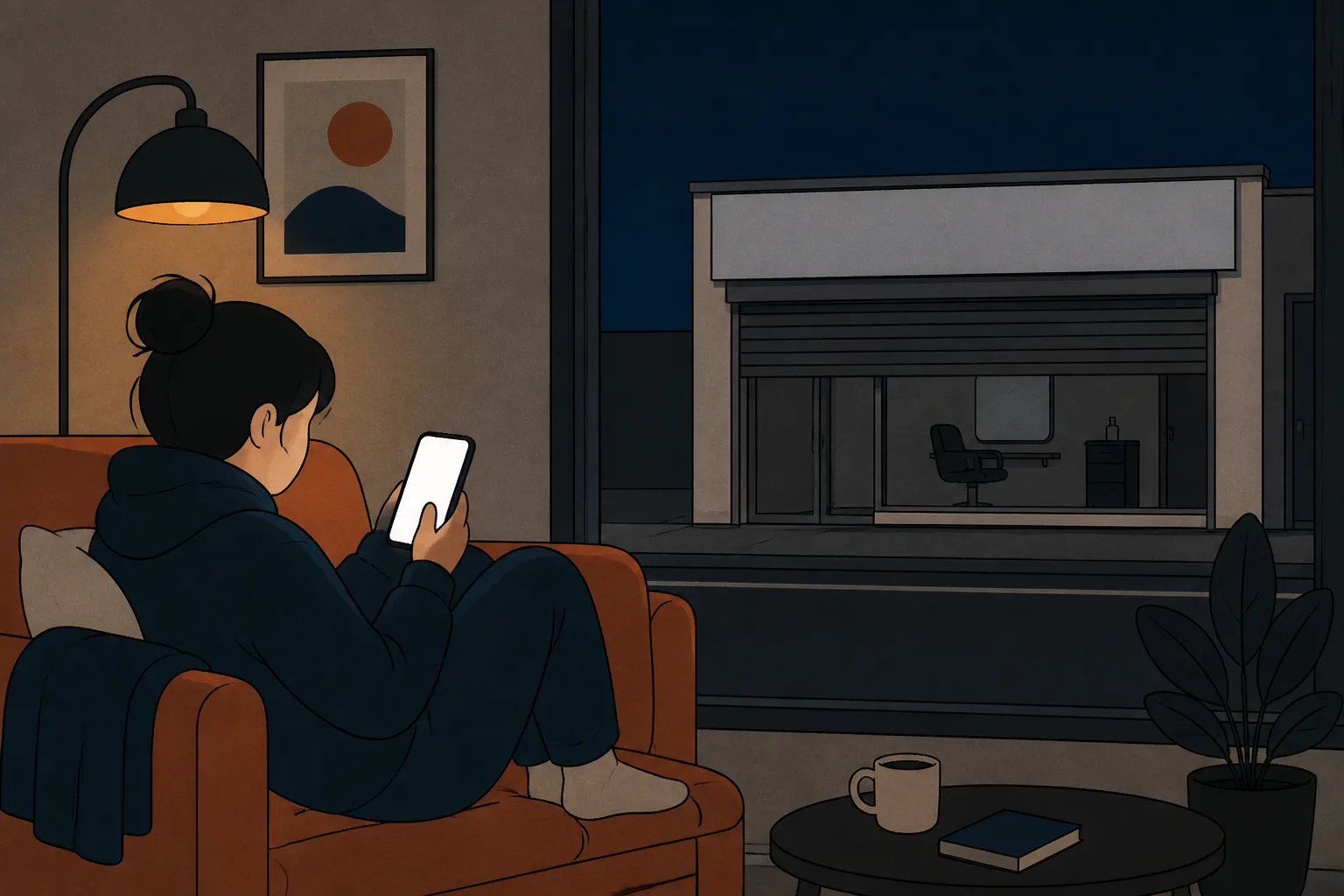 Someone on a sofa at night holding a phone while the salon across the street sits shut