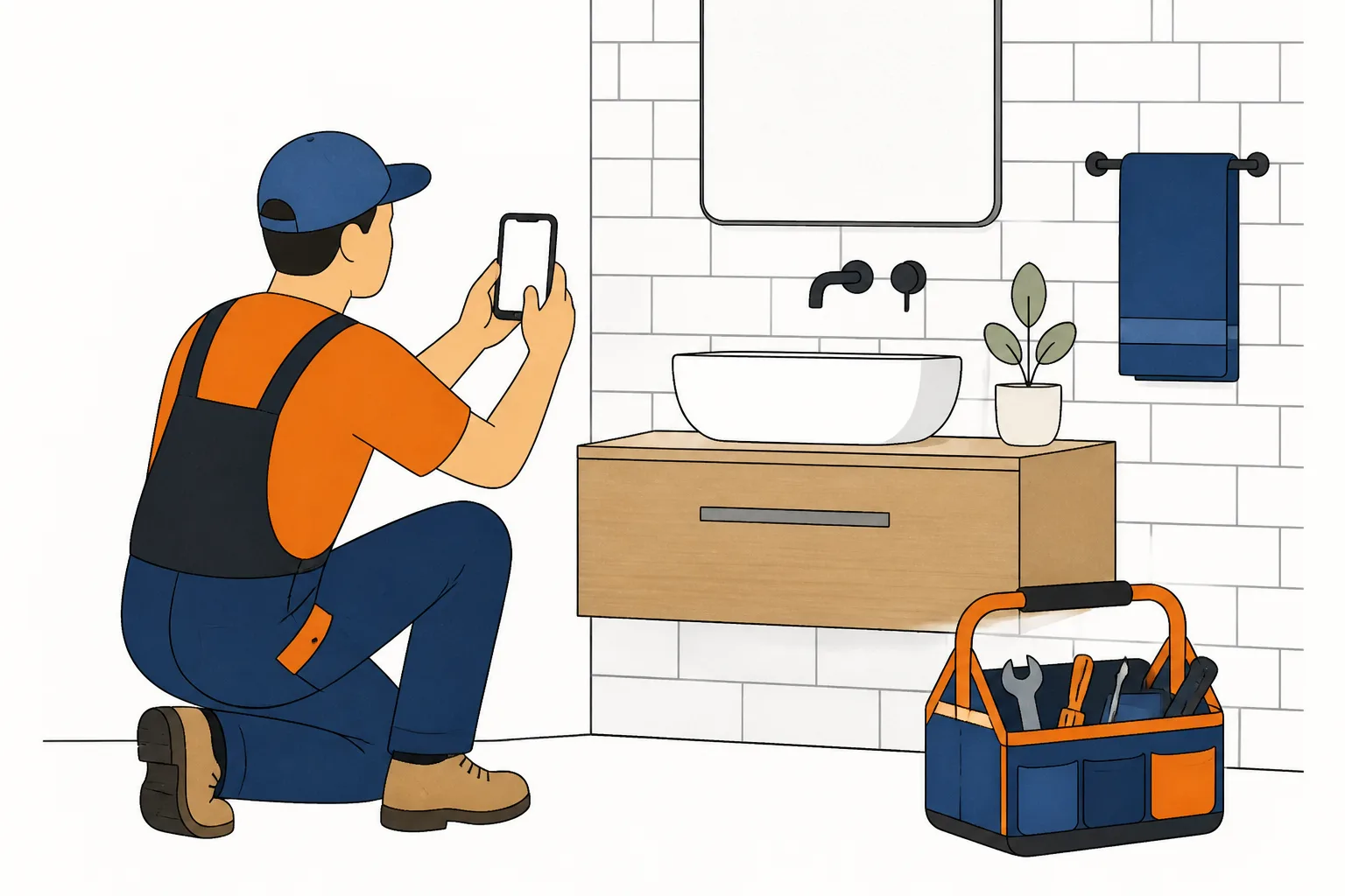 A tradesperson crouching to photograph a newly fitted basin and tiled wall, toolbag open on the floor