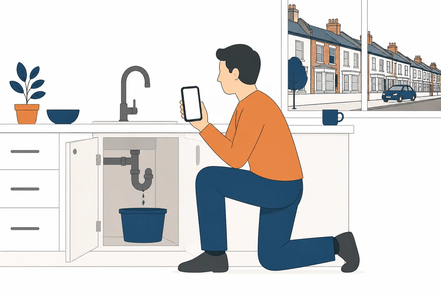 A homeowner beside a leaking sink holding up a phone, bucket underneath, a terraced street through the window