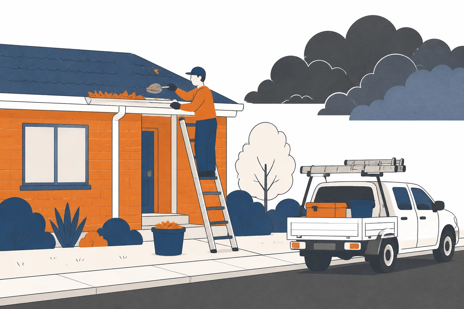 A tradie on a ladder clearing leaves from a house gutter as storm clouds build behind the roof