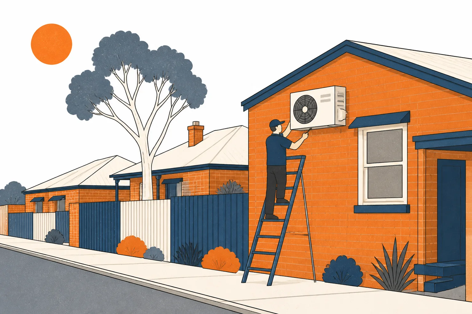 A tradie on a ladder at a split-system unit on a suburban brick house under hard midday sun