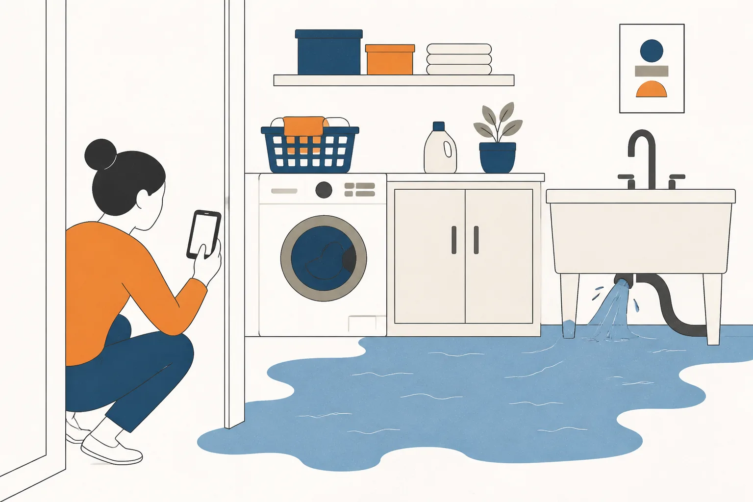 Water spreading from a burst hose under a laundry tub while someone crouches to photograph it