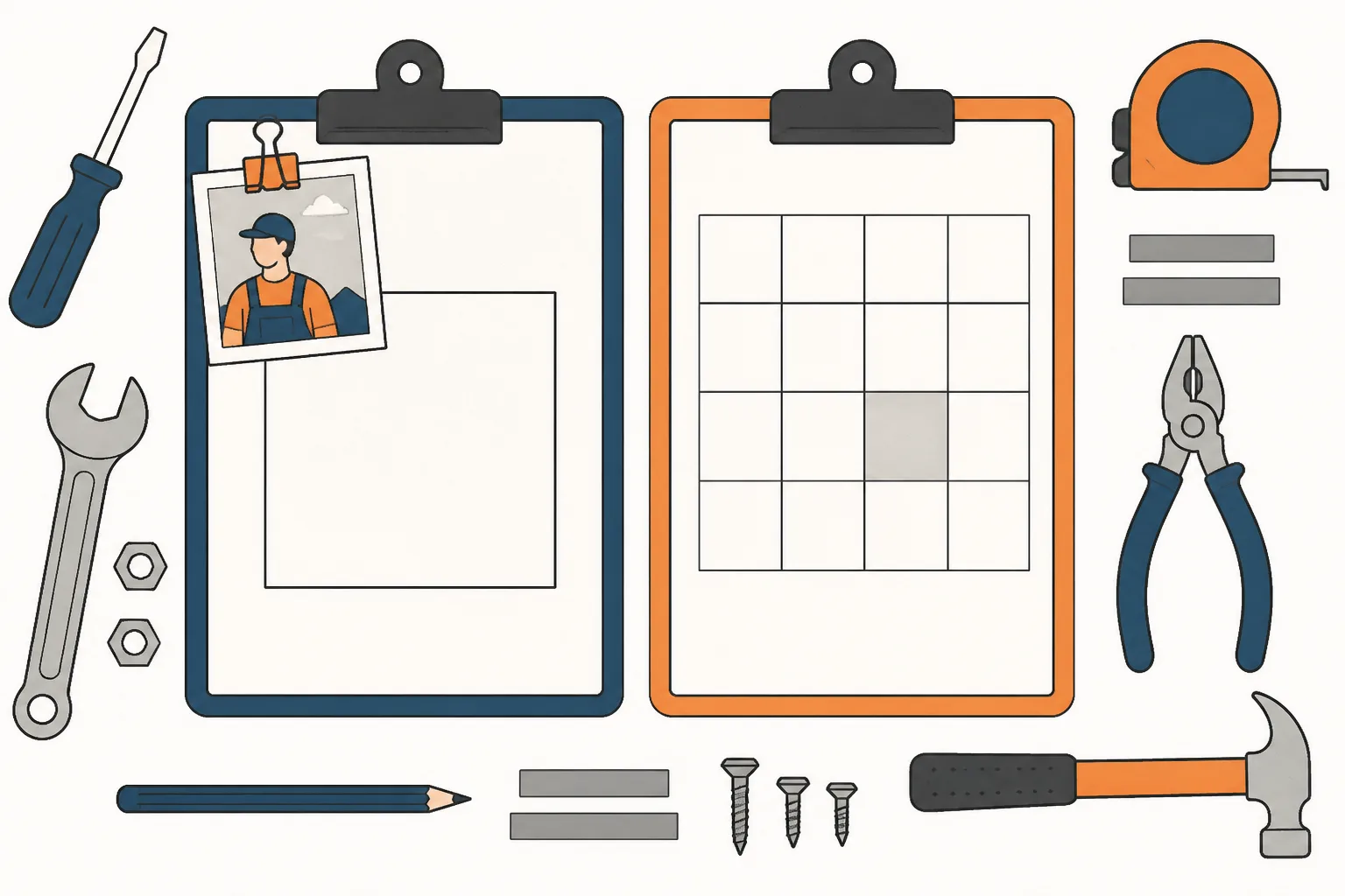 Two clipboards on a workbench, one with a big empty box and a photo, one ruled into squares