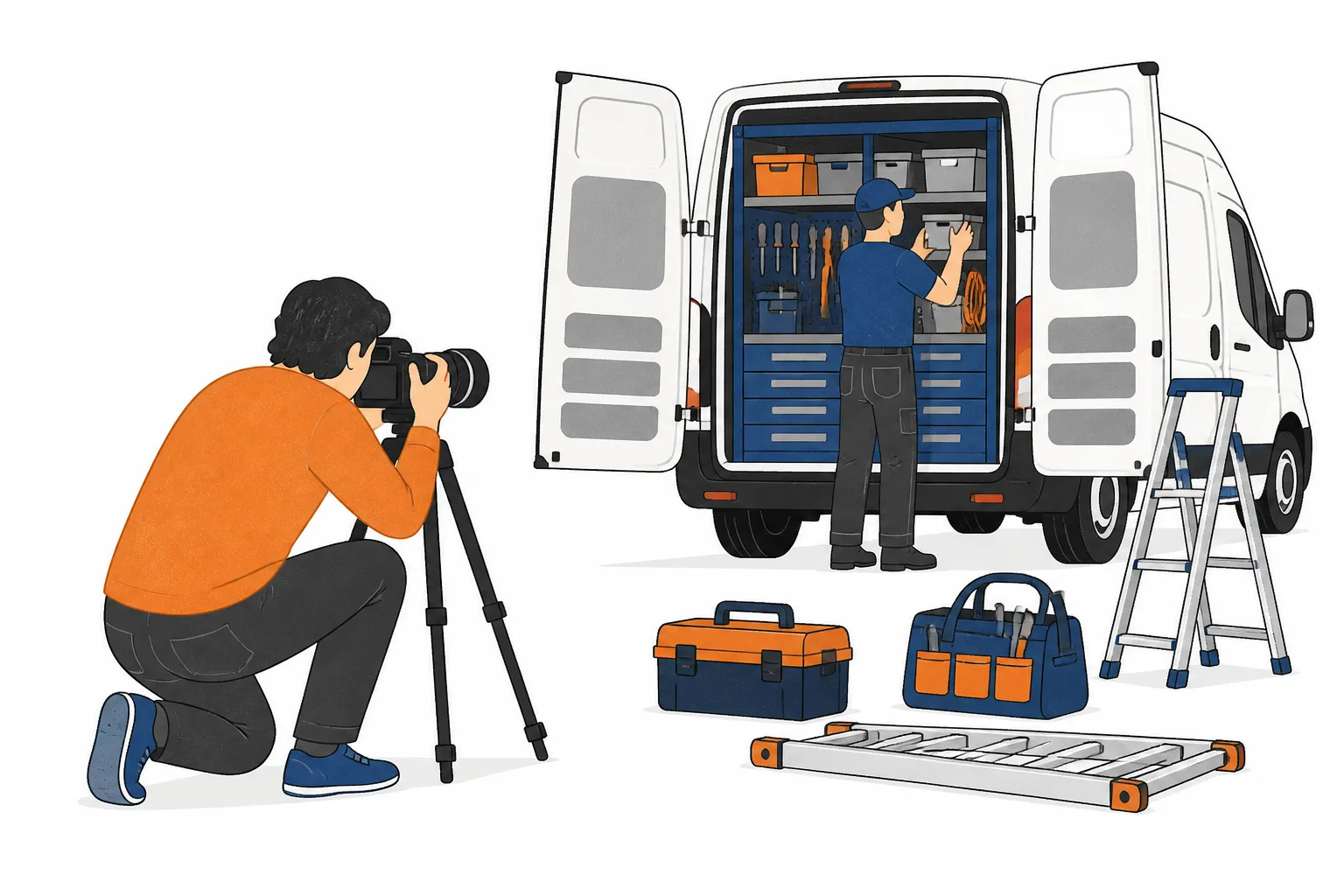 A photographer with a tripod shooting a tradesperson working at the open back doors of their van