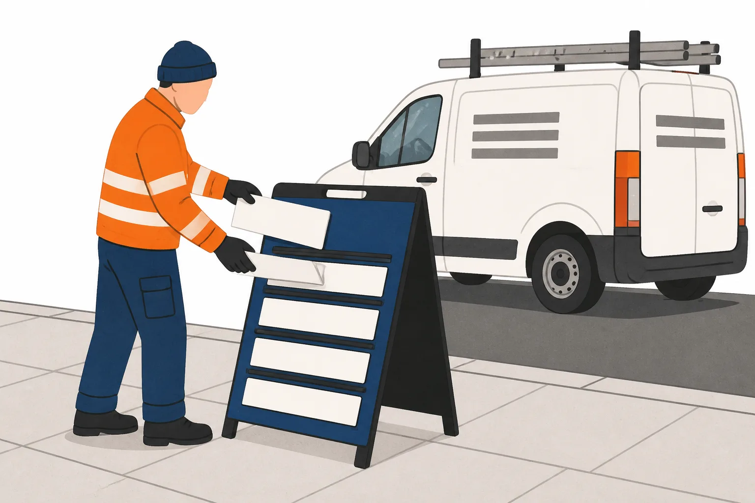 A tradesperson swapping one blank plate in a pavement A-frame sign, work van parked behind