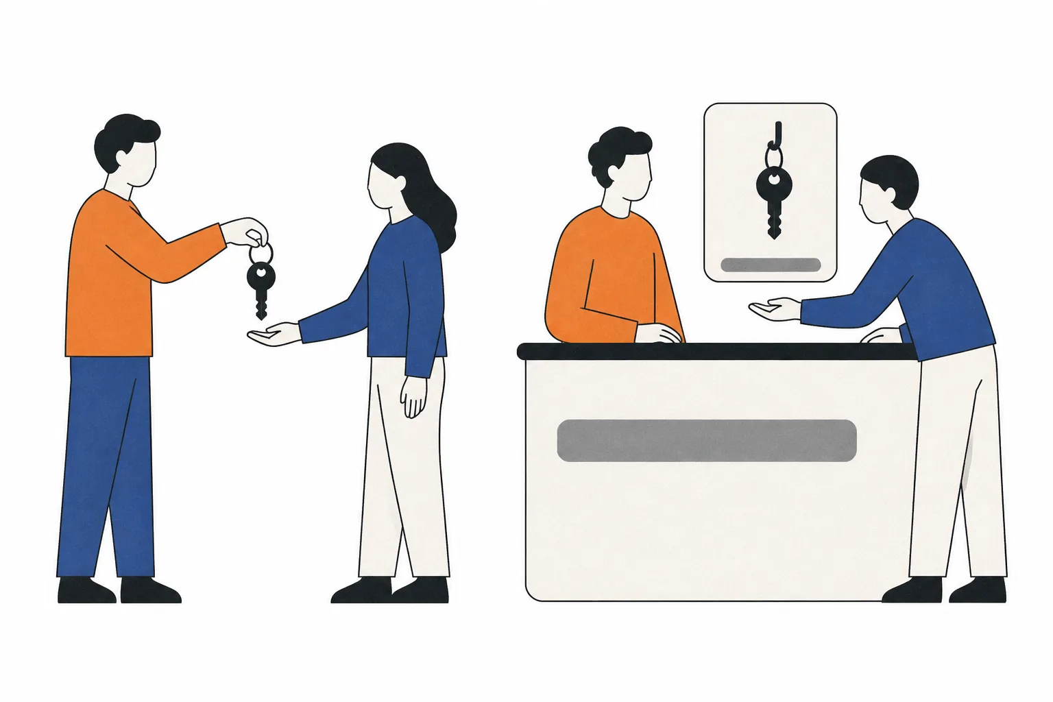 A key handed straight into one person's palm on the left; on the right the same key hangs behind a counter