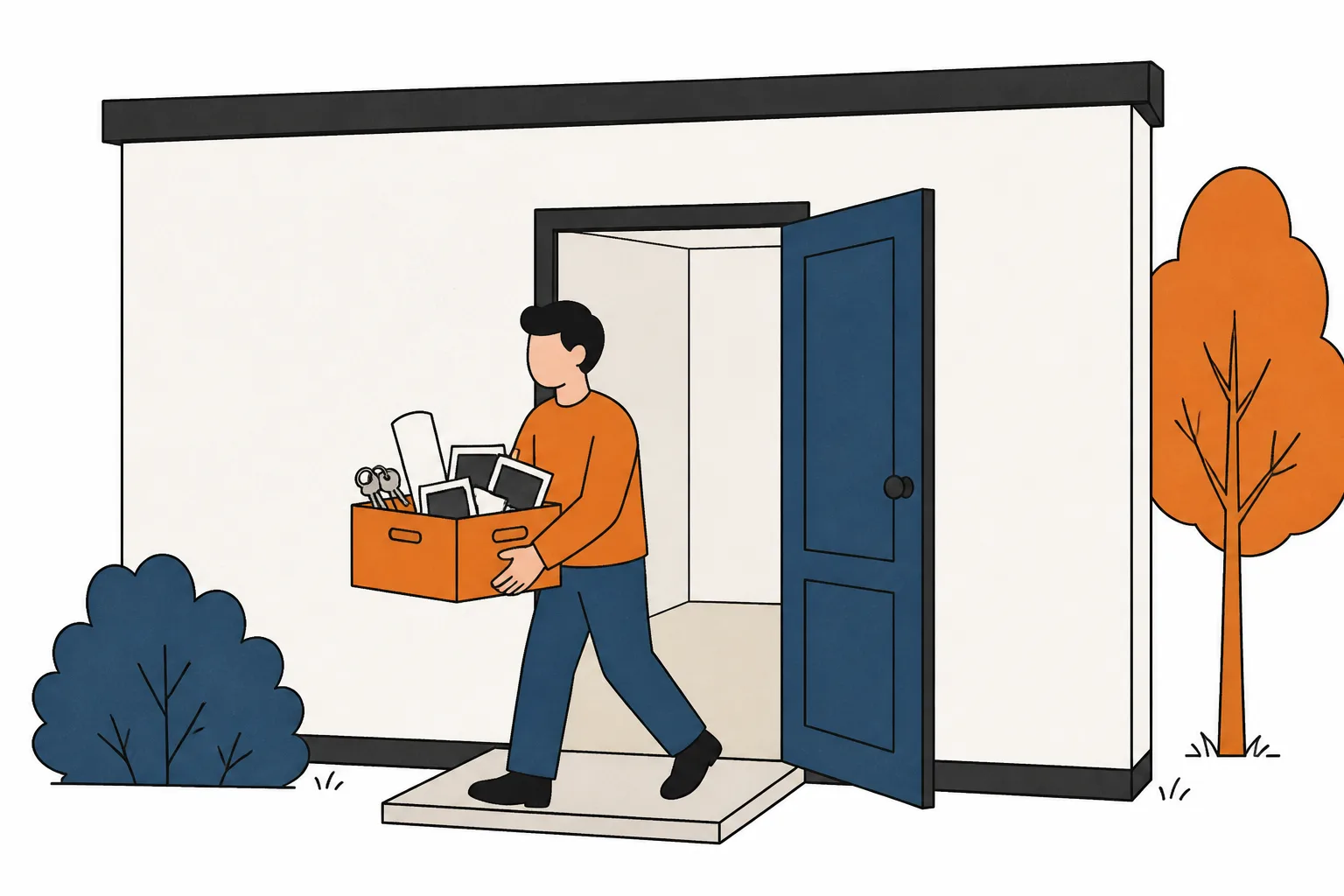 A person carrying a crate of keys, photo prints and a rolled sheet out of a building, rooms left bare