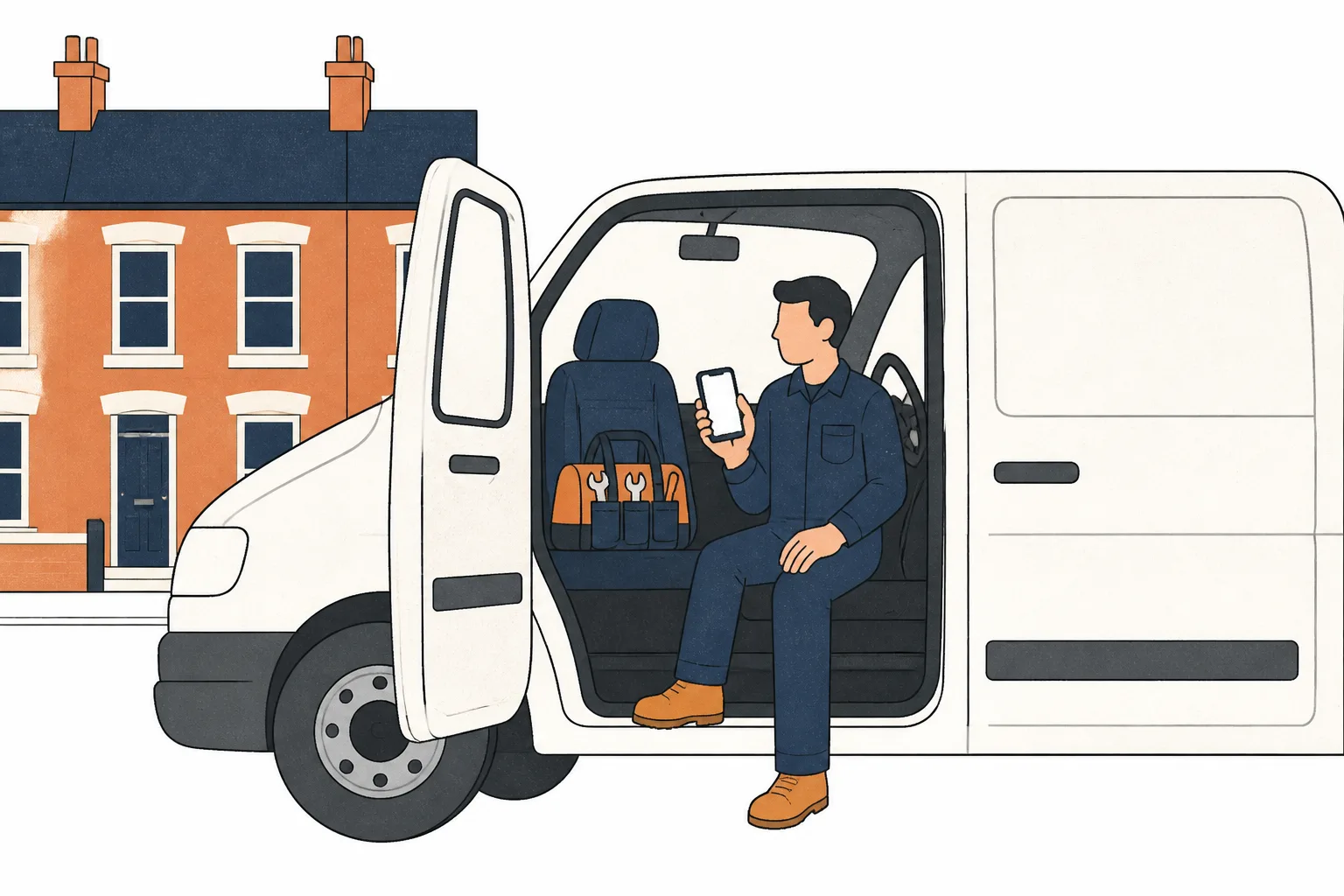 A tradesperson sitting in an open van door holding a phone, toolbag on the seat, house behind