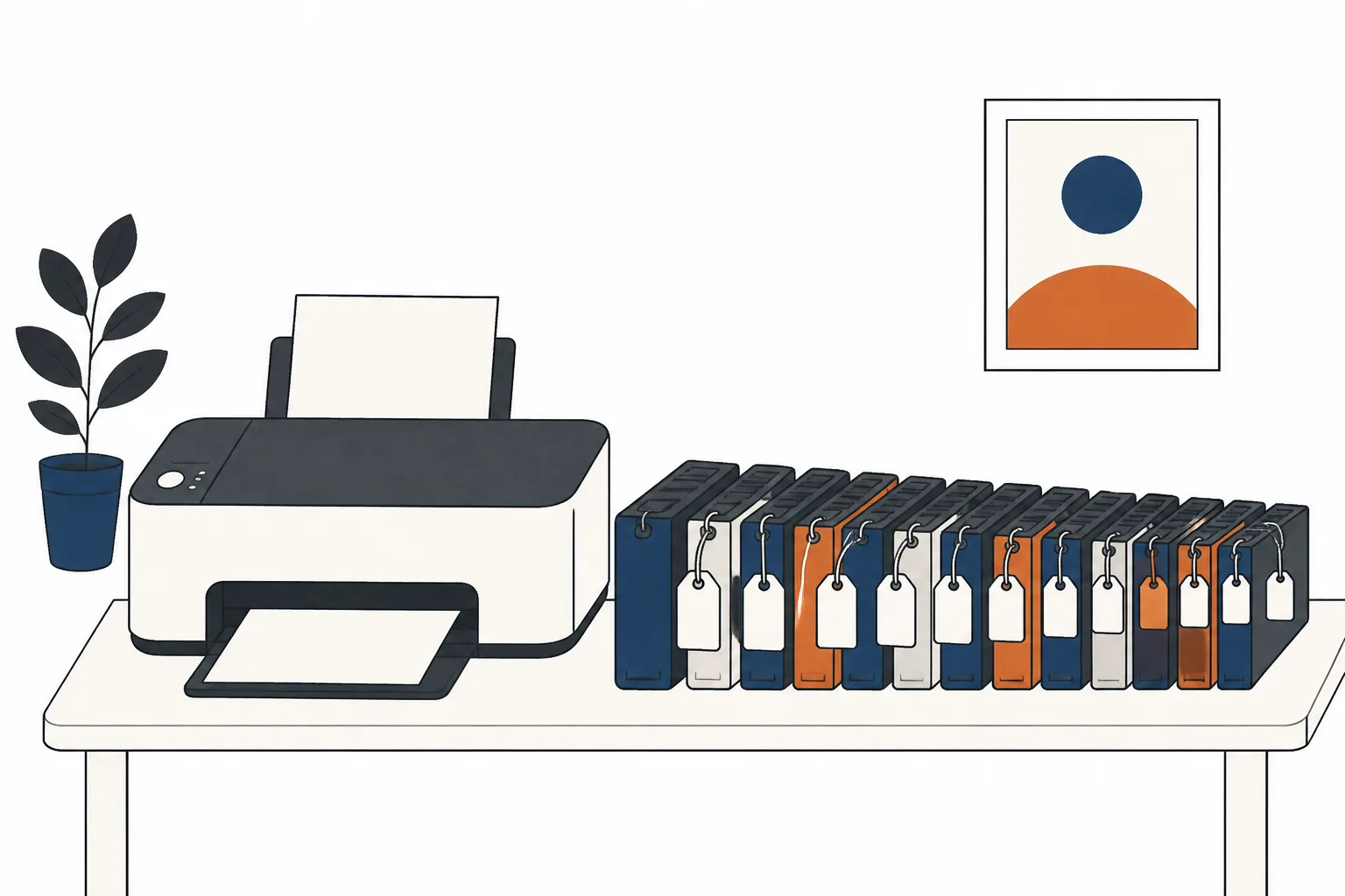 A small printer on a table beside a long queue of ink cartridges, each cartridge tagged and the printer untagged