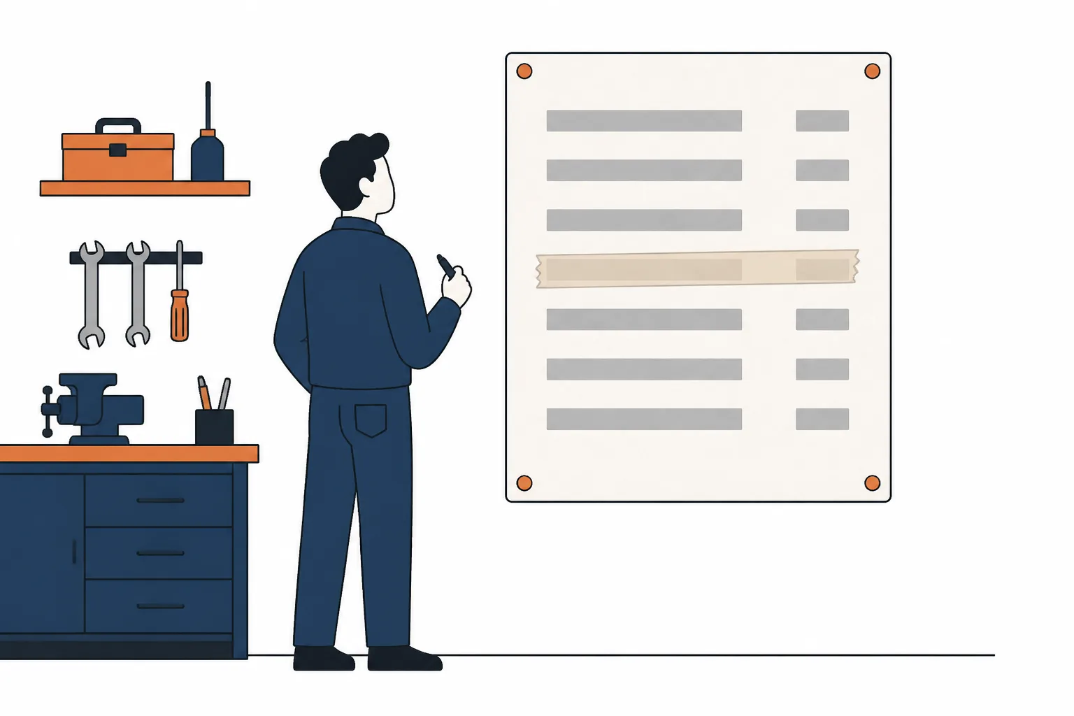 A pinned price list with one row taped over, and a figure standing back from it holding a pen