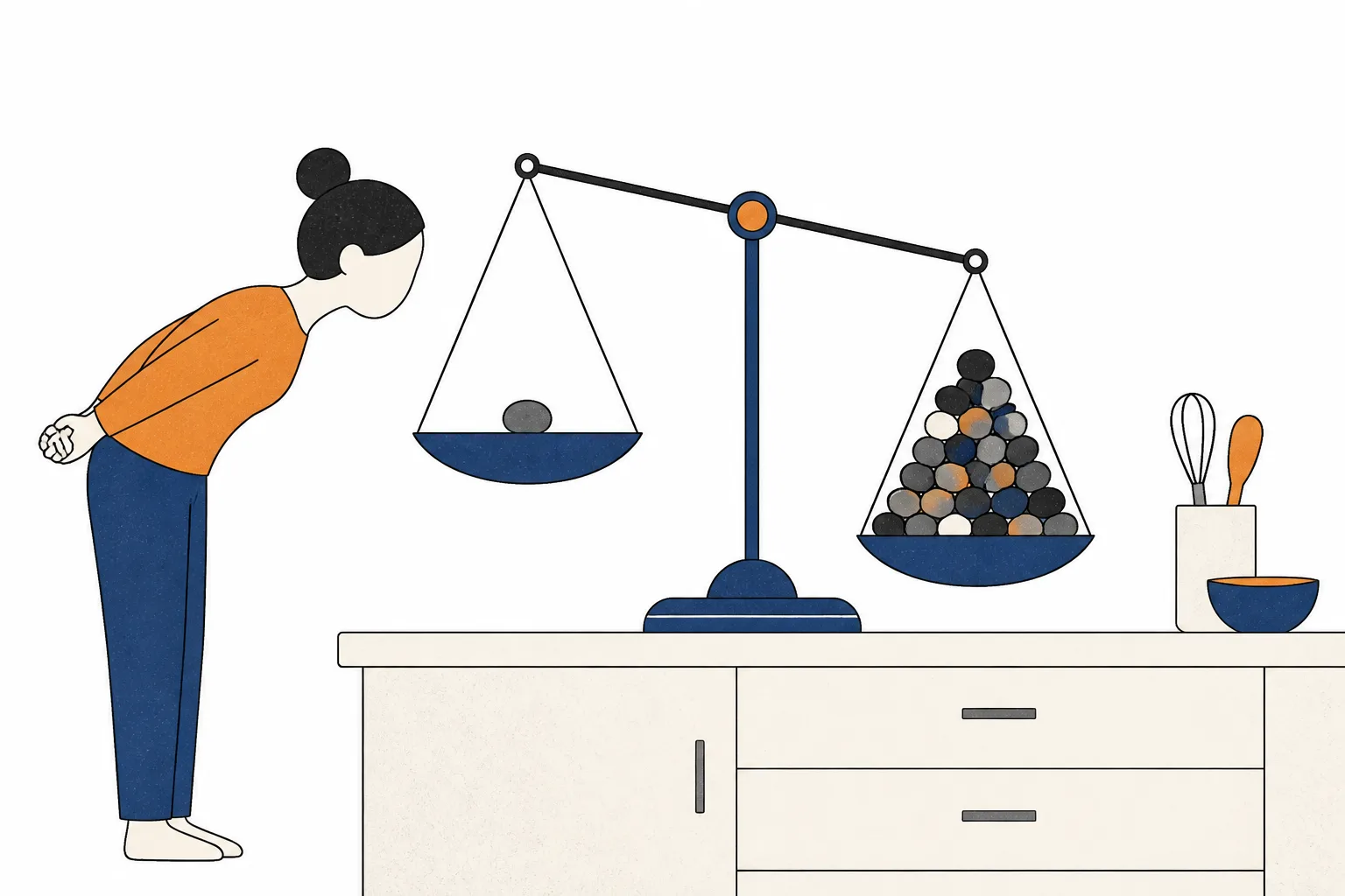Balance scales holding one stone in the near pan and a heap of stones in the far pan