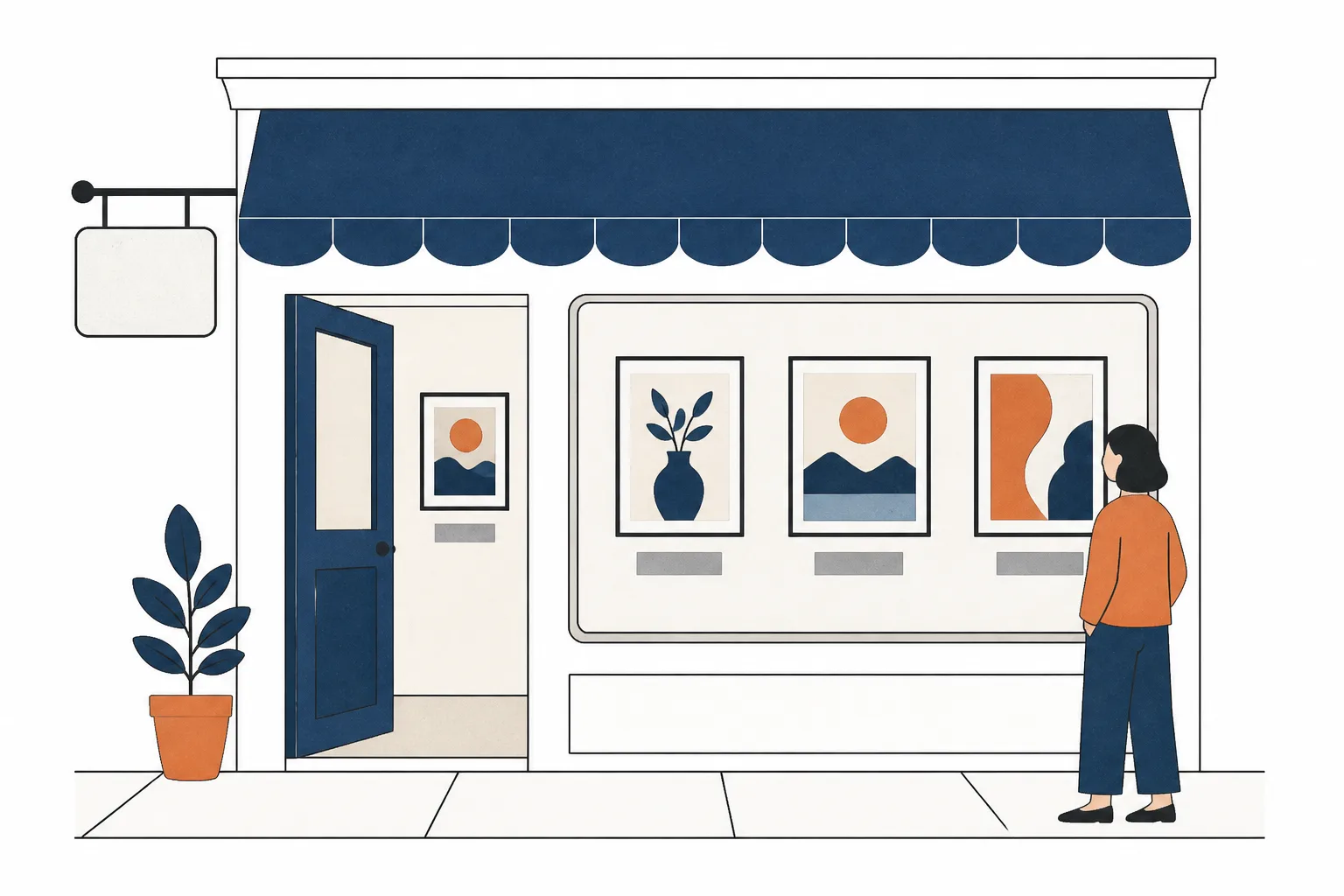A figure pauses outside an open shopfront with a blank sign and a window of framed examples