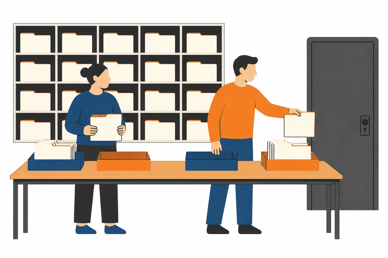 A back room of pigeonholes holding blank folders, two figures moving folders between trays beside a locked door