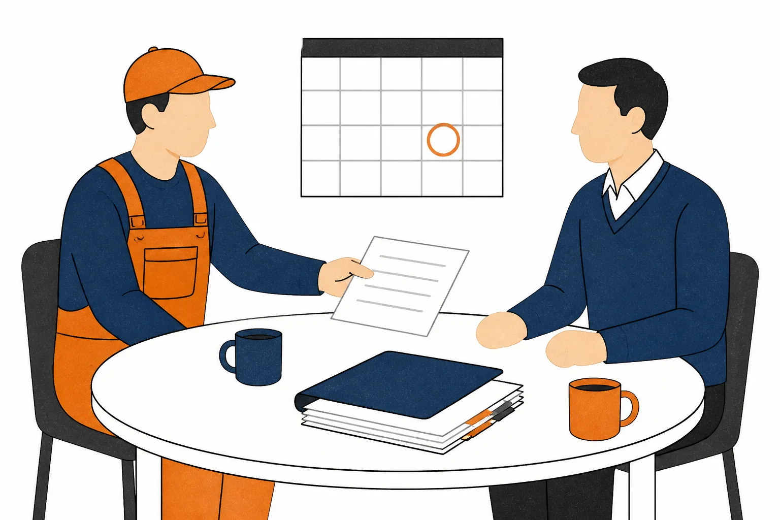 A sole trader passes a sheet of five blank ruled questions to an accountant across a table.