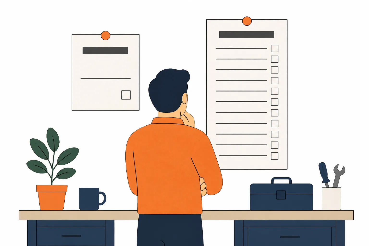 A figure at a workbench compares a one-line paper invoice with a long sheet of separate blank lines.