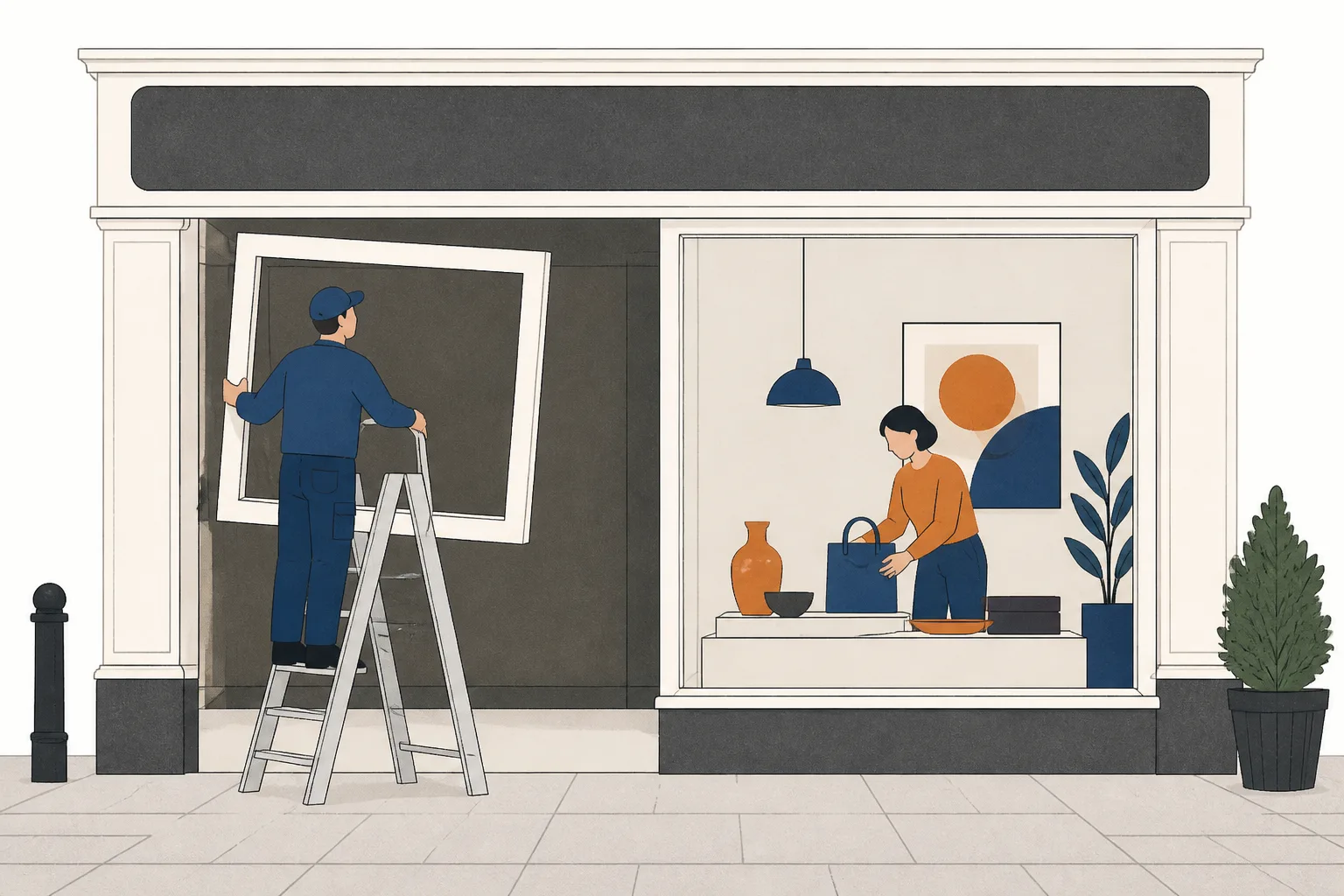 A fitter lowers a shop window frame into place while inside another figure rearranges the display.