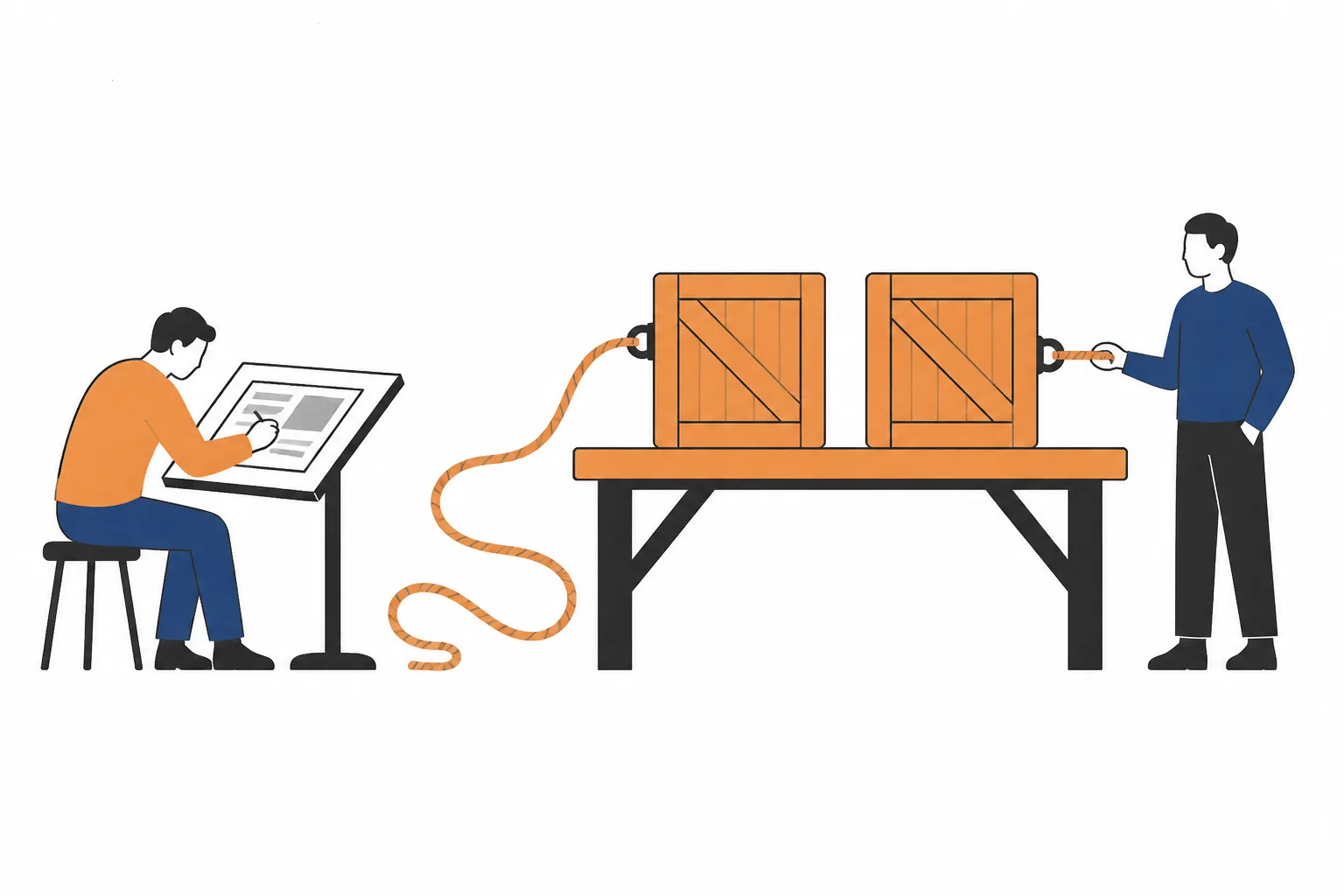 Two identical crates on a bench, one reached by a long winding rope, the other by a short straight one