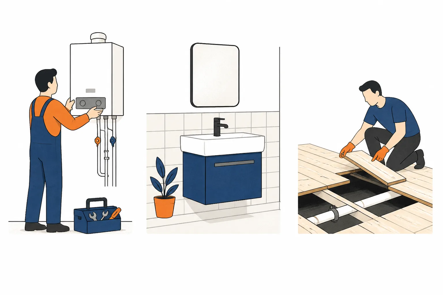 Three jobs side by side: a boiler being fitted, a half-tiled bathroom, and floorboards lifted over a pipe