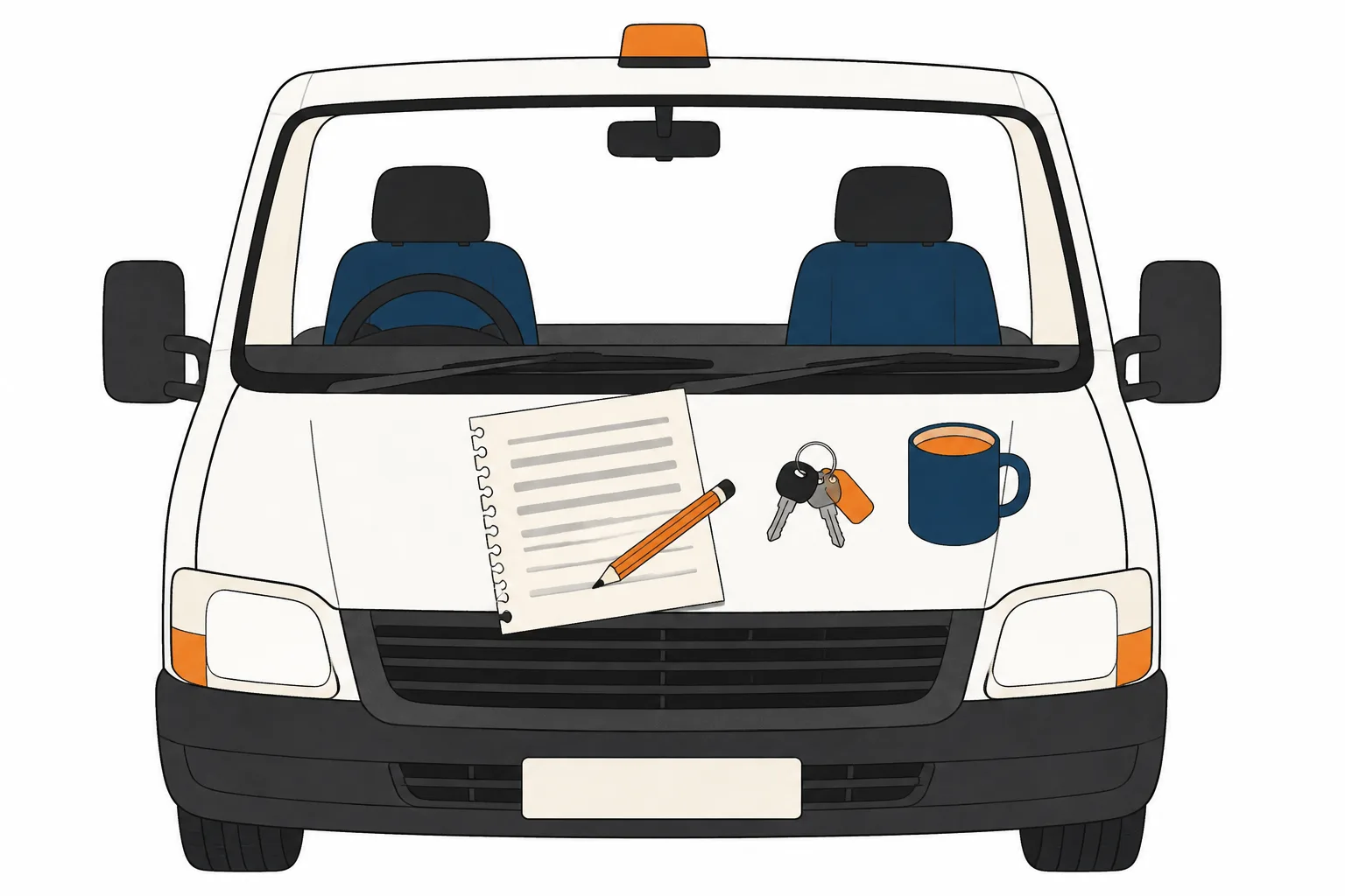 A notebook page on a van bonnet with six handwritten lines, a pencil laid across it, keys and a mug beside