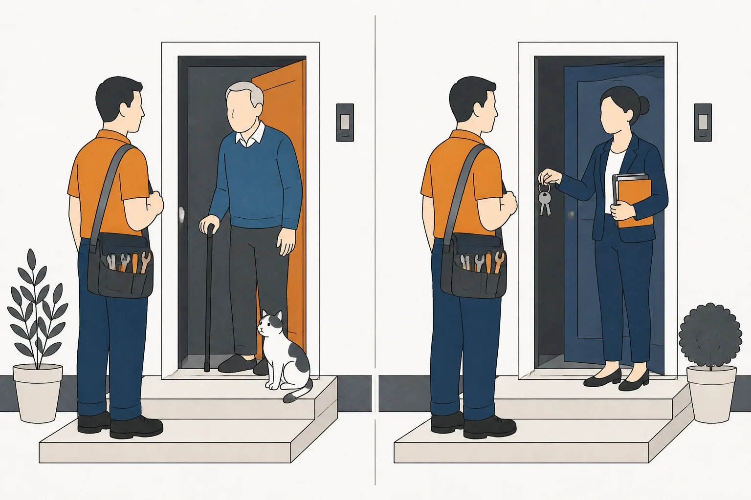 The same tradesperson at two doorsteps, an older resident at one and a letting agent holding keys at the other