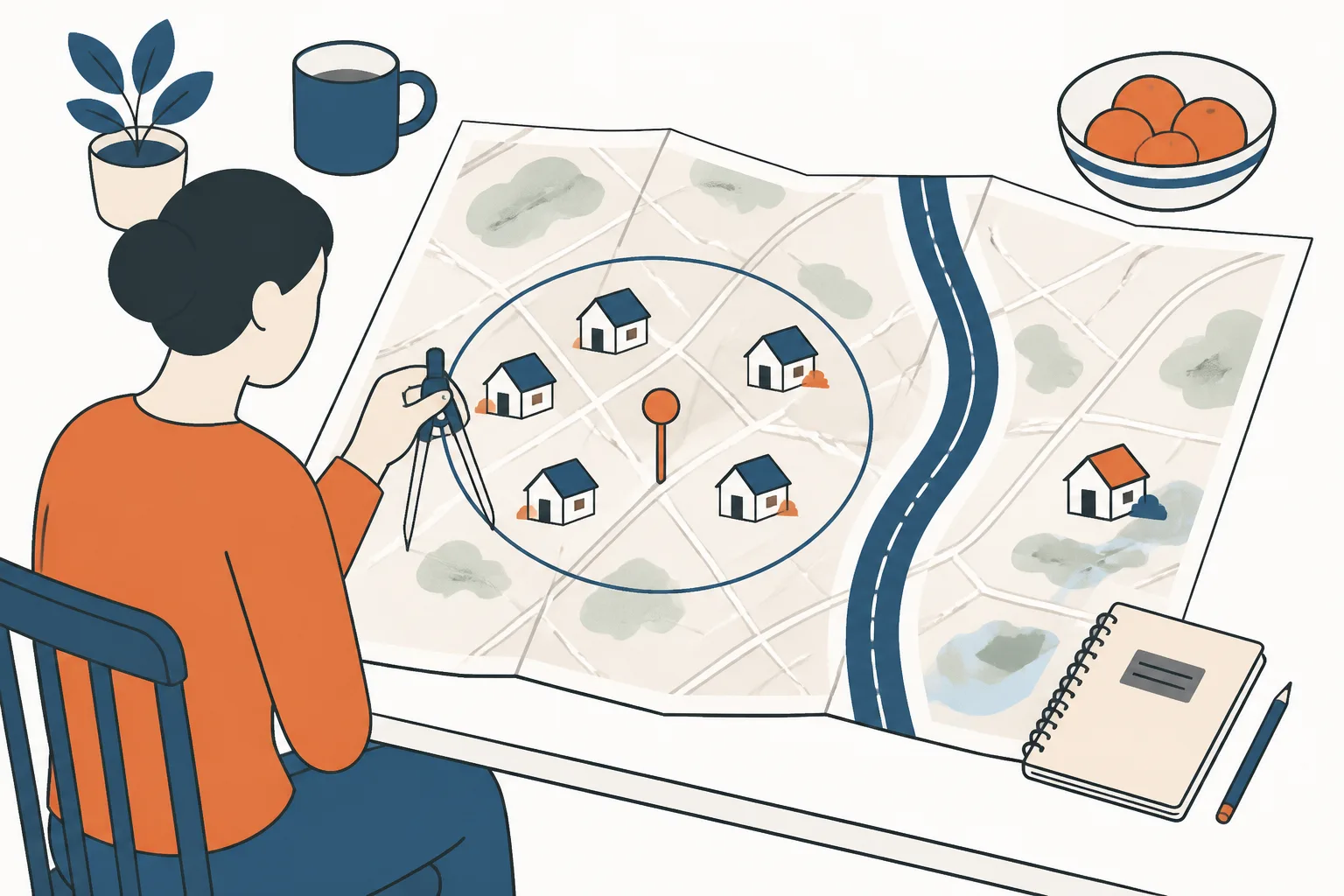 A road map with a compass-drawn circle, houses inside it and one house outside beyond a motorway